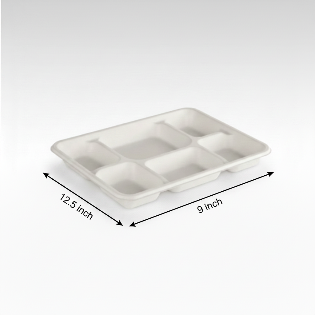Planet Eco Corp 12.5x9 inch Large 6 Compartment Compostable Meal Trays, 6CP divided plates, Sugarcane Bagasse, Heavy Duty Paper, Leak-Resistant & Oil-Resistant, Microwave & Freezer Safe, PFAS-Free