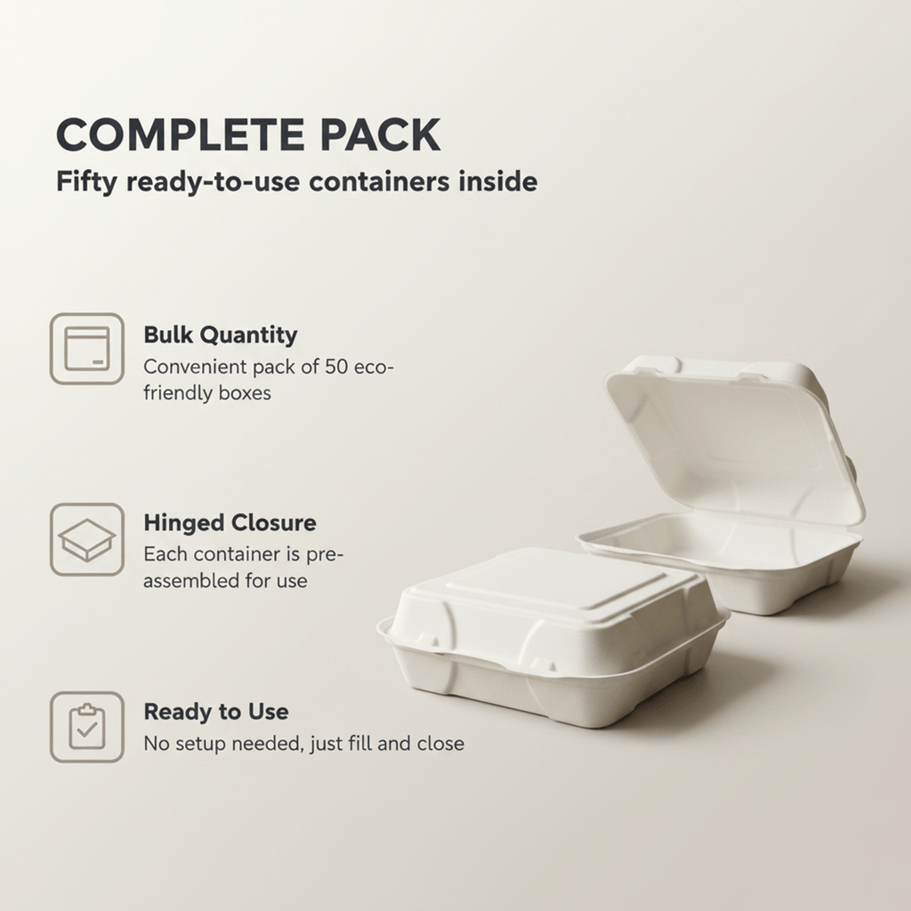 Planet Eco Corp 9x9 Inch Compostable Clamshell Food Containers - 50 Pack, Sugarcane Bagasse, Leak-Resistant, Microwave Safe, Eco-Friendly Takeaway Food Boxes, PFAS-Free & Biodegradable
