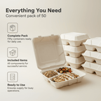 Planet Eco Corp 3-Compartment Compostable Clamshell Food Containers 9x9 Inch – Pack of 50 – Sugarcane Bagasse, Leak-Resistant, Microwave Safe, Eco-Friendly Takeaway Box for Meal Prep & Catering
