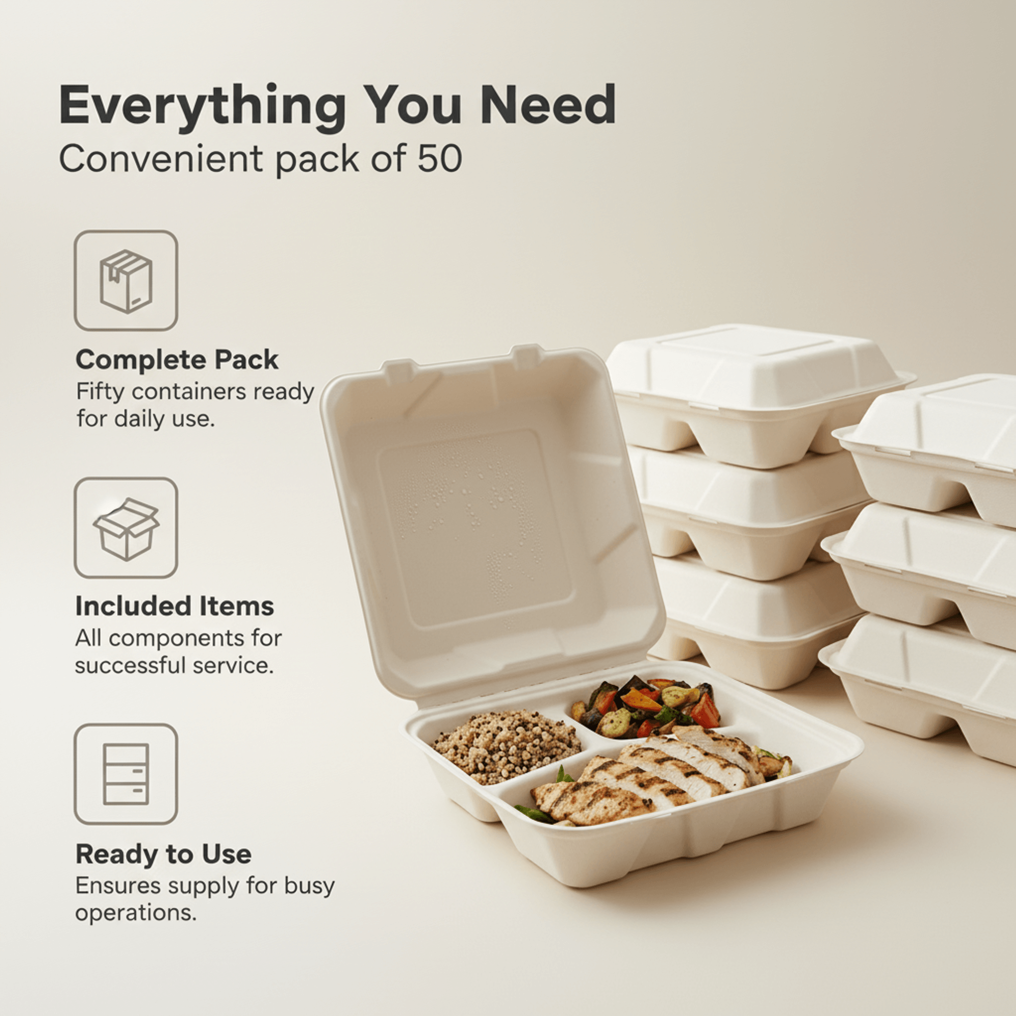 Planet Eco Corp 3-Compartment Compostable Clamshell Food Containers 9x9 Inch – Pack of 50 – Sugarcane Bagasse, Leak-Resistant, Microwave Safe, Eco-Friendly Takeaway Box for Meal Prep & Catering