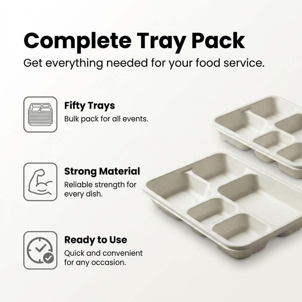Planet Eco Corp | 5-Compartment 11 Inch Compostable Meal Tray | 50 Pack