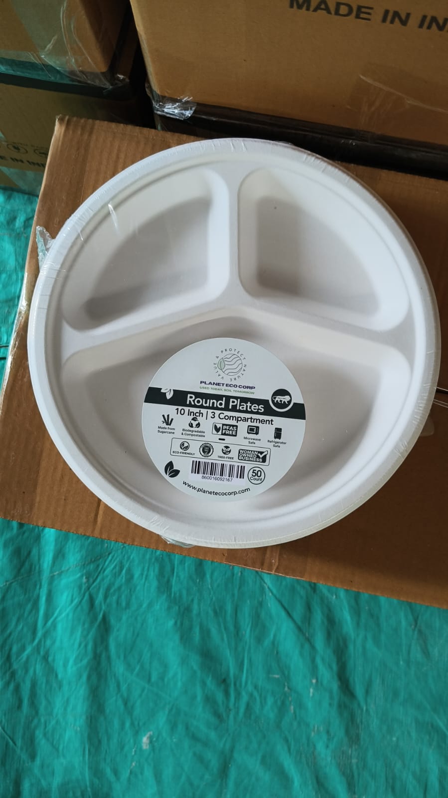Planet Eco Corp | 10 Inch 3-Compartment Compostable Plates | Sugarcane Bagasse | Plastic-Free & Biodegradable
